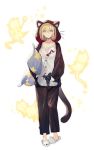  1girl :o aircraft animal_hood azur_lane bataan_(azur_lane) blonde_hair blue_eyes buttons cat cat_tail collarbone f6f_hellcat fake_whiskers full_body hair_between_eyes holding hood hoodie long_sleeves looking_at_viewer nin official_art pajamas parted_lips pillow shirt short_hair sidelocks slippers solo spirit standing star tail transparent_background white_shirt 