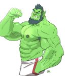  2018 abs armpit_hair beard biceps big_muscles black_hair bottomwear brown_eyes clothing ear_piercing ear_ring eyebrows facial_hair facial_piercing flexing green_nipples green_skin hair hi_res humanoid humanoid_pointy_ears looking_at_viewer male mohawk_(disambiguation) muscular muscular_male nipples nose_piercing nose_ring one_eye_closed orc pecs piercing shorts simple_background smile solo thick_eyebrows thymilph tusks wink 
