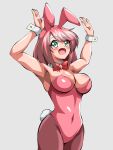  1girl animal_ears armpits arms_up bow bowtie breasts brown_legwear bunny_ears bunny_tail bunnysuit commentary_request covered_navel cowboy_shot detached_collar green_eyes grey_background highres inaba_(tensai21) large_breasts leotard looking_up open_mouth original pantyhose pink_hair pink_leotard pink_neckwear short_hair simple_background smile solo strapless strapless_leotard tail wrist_cuffs 