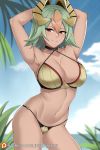  1girl aslindsamure bangs bare_shoulders beach bikini blue_sky blush breasts cleavage collarbone dark_skin fire_emblem fire_emblem_heroes gold_bikini green_hair hair_between_eyes hair_ornament halterneck highres laegjarn_(fire_emblem) large_breasts looking_at_viewer multicolored_hair navel orange_hair parted_lips red_eyes short_hair sky smile solo swimsuit thighs two-tone_hair 