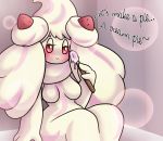  2019 alcremie anthro blush breasts cutlery digital_media_(artwork) english_text featureless_breasts female food food_creature food_humanoid fruit goo_creature goo_humanoid holding_object holding_spoon humanoid innuendo kitchen_utensils looking_at_viewer nintendo not_furry nude plant pok&eacute;mon pok&eacute;mon_(species) pok&eacute;morph red_eyes smile spoon strawberry text tools video_games yoshimister 