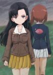  2girls anglerfish asymmetrical_bangs bangs black_hair blue_jacket blurry blurry_background brown_eyes brown_hair brown_jacket chi-hatan_military_uniform clenched_hands closed_mouth cloud cloudy_sky commentary day depth_of_field emblem facing_away from_behind frown girls_und_panzer grey_sky highres jacket long_hair long_sleeves looking_at_viewer military military_uniform miniskirt multiple_girls nishi_kinuyo nishizumi_miho ooarai_military_uniform outdoors pleated_skirt shibagami shirt short_hair skirt sky standing uniform white_shirt white_skirt wind yellow_skirt 