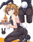  alcohol animal_ears aqua_eyes baba_konomi backless_outfit bare_shoulders black_footwear black_legwear black_leotard bottle bow bowtie braid breasts brown_hair bunny_ears bunny_girl bunny_tail bunnysuit cup detached_collar drinking_glass fake_animal_ears hair_between_eyes hair_over_shoulder high_heels highres idolmaster idolmaster_million_live! leotard long_hair looking_at_viewer looking_down pantyhose single_braid small_breasts squatting strapless strapless_leotard tail takezaka_tarou tray whiskey white_background wrist_cuffs 