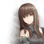  1girl bare_shoulders breasts brown_eyes brown_hair closed_mouth commentary_request girls_frontline green_hair hair_between_eyes hair_ornament highres ichisanroku long_hair looking_at_viewer m4a1_(girls_frontline) medium_breasts ribbed_sweater solo sweater upper_body 