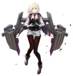  1girl aircraft azur_lane bataan_(azur_lane) blonde_hair blue_eyes bodysuit boots closed_mouth corset f6f_hellcat flight_deck full_body gloves holding jacket long_sleeves looking_at_viewer machinery necktie nin official_art open_clothes open_jacket red_neckwear shirt short_hair short_shorts shorts smile solo transparent_background white_gloves white_shirt white_shorts wing_collar 