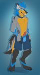  2018 4_toes 5_fingers anthro black_fur black_lips blue_eyes blue_hair canid canine canis citrinelle clothed clothing digital_media_(artwork) digitigrade domestic_dog fingers fur hair lips male mammal open_mouth penis simple_background smile solo teeth toes tongue topless 