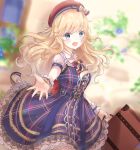  1girl bangs belt blonde_hair blue_belt blue_dress blue_eyes blurry blurry_background blush breasts commentary_request dress eyebrows_visible_through_hair hair_ornament highres holding holding_suitcase idolmaster idolmaster_cinderella_girls jewelry long_hair looking_at_viewer medium_breasts ootsuki_yui open_mouth sa-ya2 smile solo suitcase wavy_hair 