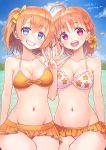  2girls ahoge bangs bikini birthday blue_eyes braid breasts cleavage cloud cloudy_sky commentary_request dated grin hair_ribbon happy_birthday highres kousaka_honoka love_live! love_live!_school_idol_project love_live!_sunshine!! medium_breasts miyamae_porin multiple_girls ocean orange_hair red_eyes ribbon short_hair side_braid side_ponytail sidelocks sky smile swimsuit takami_chika twitter_username v 