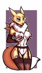  anthro breasts canid canine clothing digimon digimon_(species) female fox fur hand_on_breast hi_res lingerie looking_at_viewer luraiokun mammal pussy renamon solo yellow_fur 