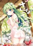  1girl =_= animal ass bare_arms bare_shoulders blue_eyes blush breasts bush commentary_request cover covered_nipples cowboy_shot dutch_angle eyebrows_visible_through_hair flower frog_hair_ornament green_hair hair_ornament kochiya_sanae large_breasts long_hair looking_at_viewer looking_back miyase_mahiro naked_towel onsen parted_lips petals plant red_flower rock snake solo standing steam thighs touhou towel translation_request tree water white_snake 