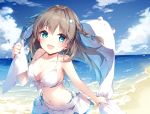  1girl :d bare_arms bare_shoulders bikini blue_eyes blue_sky blush braid breasts brown_hair cleavage cloud collarbone commentary_request day floating_hair front-tie_bikini front-tie_top hair_ornament halter_top halterneck holding long_hair looking_at_viewer mashiro_kuma mashiro_kuma_channel medium_breasts miniskirt mochizuki_shiina navel ocean open_mouth outdoors side-tie_bikini skirt sky smile solo stomach swimsuit twin_braids upper_body virtual_youtuber white_bikini white_skirt 