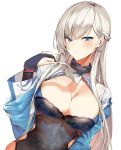  1girl alternate_costume azur_lane bangs belfast_(azur_lane) belfast_(iridescent_rose)_(azur_lane) blue_eyes blush braid breasts chain china_dress chinese_clothes cleavage collar dress earrings eyebrows_visible_through_hair hand_up heart heart_earrings highres hiiragi_yuuichi jewelry large_breasts long_hair looking_at_viewer shrug_(clothing) sidelocks silver_hair simple_background smile solo sweatdrop upper_body white_background 