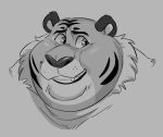  anthro chubby_cheeks double_chin felid fur greyscale male mammal monochrome overweight overweight_male pantherine polartoons smile solo striped_fur stripes teeth tiger 