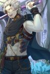  1boy abs anval belt belt_pouch black_cape cape chain day eyepatch facial_mark facial_scar graffiti_smash highres holding holding_sword holding_weapon kuronotenji male_focus midriff navel open_mouth outdoors pants pouch scar spiked_hair standing sword weapon white_hair yellow_eyes 
