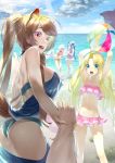  1boy 4girls absurdres ahoge animal_ears arms_up ass ball beach beachball bikini blonde_hair blue_bikini blue_eyes blue_sky breasts brown_hair cloud cloudy_sky day firo_(tate_no_yuusha_no_nariagari) fitoria_(tate_no_yuusha_no_nariagari) frilled_bikini frills highres holding holding_ball holding_hands kawarage melty_(suisei_no_gargantia) melty_q_melromarc multiple_girls navel ocean open_mouth pink_bikini pov purple_eyes raccoon_ears raccoon_tail raphtalia sarong sky smile summer sunlight swimsuit tail tate_no_yuusha_no_nariagari twintails water 