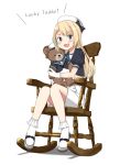  1girl annin_musou blonde_hair blue_eyes blush_stickers bow chair commentary_request doll_hug english_text gloves hat hat_bow highres jervis_(kantai_collection) kantai_collection long_hair looking_at_viewer open_mouth rocking_chair sailor_hat school_uniform shadow shoe_bow shoes sitting smile socks solo stuffed_animal stuffed_toy teddy_bear white_gloves 