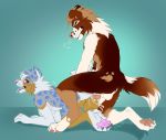  2018 4_toes 5_fingers anthro anthro_on_anthro brown_eyes brown_fur canid canine canis citrinelle digital_media_(artwork) domestic_dog duo eyes_closed female fingers fur green_background grey_fur male male/female mammal open_mouth pawpads pink_pawpads pink_tongue sex simple_background spots spotted_fur tan_fur teeth toes tongue 