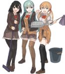  3girls alternate_costume aqua_eyes aqua_hair black_hair black_legwear blazer blonde_hair blush bow bowtie breasts broom brown_cardigan brown_eyes brown_jacket brown_legwear brown_skirt bucket cardigan collared_shirt cosplay eyebrows_visible_through_hair full_body haguro_(kantai_collection) hair_ornament hairclip holding holding_broom holding_mop jacket kantai_collection loafers long_hair long_sleeves looking_at_viewer low_twintails mop multiple_girls open_mouth pantyhose pleated_skirt prinz_eugen_(kantai_collection) red_neckwear remodel_(kantai_collection) school_uniform shirt shoes short_hair simple_background skirt smile suzuya_(kantai_collection) suzuya_(kantai_collection)_(cosplay) tara_reba teeth thighhighs twintails white_background white_shirt 