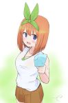  1girl :d bangs bare_arms bare_shoulders blush brown_hair brown_skirt collarbone commentary_request eyebrows_behind_hair food four-leaf_clover_necklace go-toubun_no_hanayome green_ribbon hair_between_eyes hair_ribbon highres holding holding_food kujou_karasuma looking_at_viewer nakano_yotsuba open_mouth pleated_skirt popsicle purple_eyes ribbon signature skirt smile solo sweat tank_top white_tank_top 
