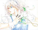  1girl blue_dress blue_eyes bow braid colored_pencil_(medium) commentary dress earrings green_bow hair_bow heterochromia highres izayoi_sakuya jewelry knife maid maid_headdress medium_hair neck_ribbon nora_wanko pocket_watch puffy_short_sleeves puffy_sleeves red_eyes ribbon short_hair short_sleeves silver_hair solo touhou traditional_media twin_braids upper_body watch white_background wrist_cuffs 