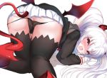  1girl all_fours ass black_legwear black_panties blush demon_girl demon_horns demon_tail demon_wings grim_aloe horns long_hair looking_at_viewer panties quiz_magic_academy red_eyes red_horns red_wings skirt solo tail thighhighs twintails underwear very_long_hair white_background white_hair white_skirt wings yinpa_(wanone500511) 