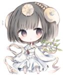  1girl :&lt; amaterasu_(shingeki_no_bahamut) barefoot black_hair blush branch brown_eyes chibi closed_mouth cottontailtokki dress full_body hagoromo hair_ornament holding holding_branch long_sleeves looking_at_viewer mirror shadowverse shawl shingeki_no_bahamut simple_background solo standing white_background white_dress wide_sleeves 