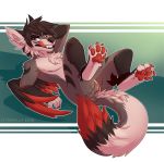  2018 4_toes 5_fingers andromorph anthro canid canine citrinelle digital_media_(artwork) feathered_wings feathers fingers fox fur grey_fur hybrid intersex lying mammal on_back pawpads red_feathers red_fur red_pawpads simple_background solo toes wings 