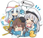  3girls ball bangs beachball bikini blush breasts brown_hair chibi cleavage eyebrows_visible_through_hair facial_scar flat_cap flower gangut_(kantai_collection) hair_ornament hair_ribbon hairclip hammer_and_sickle hat hibiki_(kantai_collection) highres hizuki_yayoi kantai_collection long_hair low_twintails multiple_girls name_tag one-piece_swimsuit open_mouth papakha partially_submerged peaked_cap ponytail ribbon rubber_duck russian_text scar scar_on_cheek school_swimsuit silver_hair simple_background star swimsuit tashkent_(kantai_collection) triangle_mouth twintails verniy_(kantai_collection) wading_pool water watering_can white_background 