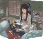  1girl alarm_clock alternate_costume bangs bed black_hair blanket blunt_bangs bookshelf brown_eyes calendar_(object) clock clothes_writing expressionless failure_penguin game_console grey_shirt handheld_game_console hatsuyuki_(kantai_collection) headphones hime_cut jitome kantai_collection long_hair long_sleeves miss_cloud nintendo_switch on_bed pants pants_under_skirt photo_(object) pillow shirt sitting sitting_on_bed solo tara_reba track_pants 