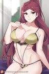  1girl aslindsamure bare_shoulders bikini blurry blurry_background breasts cleavage english_commentary fire_emblem fire_emblem_heroes highres large_breasts loki_(fire_emblem) long_hair looking_at_viewer on_bed patreon_logo patreon_username purple_eyes purple_hair sitting sitting_on_bed smile swimsuit 