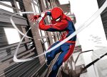  1boy animal_print blurry building commentary_request depth_of_field looking_at_viewer marvel mask nyoro_(nyoronyoro000) skyscraper solo spider-man spider-man_(series) spider_print spider_web_print superhero 