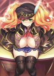  1girl bandaid bandaid_on_face bangs belly blonde_hair blush boots breasts cleavage feathers granblue_fantasy green_eyes hat jacket kztk large_breasts long_hair looking_at_viewer monica_weisswind navel nipple_slip nipples peaked_cap pleated_skirt skirt smile solo thighhighs twintails wavy_hair 