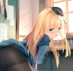  1girl ass bangs bent_over beret black_headwear black_legwear blonde_hair blue_eyes blue_sweater blush chen_bin closed_mouth fate_(series) gloves green_eyes hat lighting long_hair long_sleeves looking_at_viewer looking_back lord_el-melloi_ii_case_files open_mouth pantyhose parted_lips reines_el-melloi_archisorte smile solo sweater thighband_pantyhose thighs window 