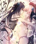  2girls absurdres arcaea bangs bare_arms bare_shoulders black_bow black_camisole black_eyes black_hair black_panties blue_flower blue_rose blush bow bra bra_lift breast_press breasts camisole censored commentary crying crying_with_eyes_open eye_contact eyebrows_visible_through_hair flower hair_between_eyes hair_bow hair_flower hair_ornament hat highres hikari_(arcaea) long_hair looking_at_another medium_breasts multiple_girls nose_blush outstretched_arms panties pink_bra pink_hair pink_panties profile red_eyes red_headwear rose saliva saliva_trail see-through symbol_commentary symmetrical_docking tairitsu_(arcaea) tandohark tears tongue tongue_out underwear underwear_only very_long_hair yuri 