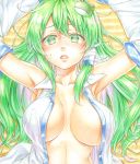  1girl absurdres breasts collarbone collared_shirt colored_pencil_(medium) commentary_request detached_sleeves frog_hair_ornament green_eyes green_hair hair_ornament hair_tubes heart heart-shaped_pupils highres kochiya_sanae large_breasts long_hair looking_at_viewer lying nontraditional_miko nora_wanko on_back open_clothes open_shirt shirt sleeveless sleeveless_shirt snake_hair_ornament solo symbol-shaped_pupils tatami touhou traditional_media white_shirt 