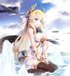  1girl :d afloat aircraft airplane azur_lane black_legwear blonde_hair blue_eyes blue_sky blurry breasts chain cleavage cloud cloudy_sky commentary_request depth_of_field explosion flight_deck hair_ornament horizon laurel_crown long_hair looking_away machinery navel nitchi ocean open_mouth see-through sitting sky smile solo thighhighs turret victorious_(azur_lane) wariza wet zettai_ryouiki 