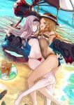  2girls abigail_williams_(fate/grand_order) absurdres bags_under_eyes bangs bare_shoulders beach bikini black_bikini_top black_headwear blonde_hair blue_eyes blush breasts choker closed_mouth fate/grand_order fate_(series) forehead grey_hair hair_between_eyes hairband highleg highleg_swimsuit highres horn innertube jacket lavinia_whateley_(fate/grand_order) legs long_hair looking_at_viewer multiple_girls navel ocean off_shoulder one-piece_swimsuit open_clothes open_jacket open_mouth pale_skin parted_bangs red_bikini_bottom sandals small_breasts smile stuffed_animal stuffed_toy swimsuit teddy_bear thighs umbrella wide-eyed yatsuka_(846) 