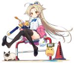  &gt;_&lt; 1girl alternate_costume azur_lane bag black_legwear brown_eyes brown_hair cat cavalla_(azur_lane) cellphone character_doll commentary_request corndog full_body long_hair looking_at_viewer manjuu_(azur_lane) official_art phone ponytail ribbon saratoga_(azur_lane) school_uniform sitting smile thighhighs torpedo transparent_background 