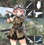  1girl :d assault_rifle black_gloves brown_eyes camouflage commentary_request explosive fingerless_gloves gloves goggles goggles_on_headwear grass grenade gun handgun helmet holding holding_sword holding_weapon katana looking_at_viewer nyoro_(nyoronyoro000) open_mouth original pink_hair pleated_skirt rifle short_hair shotgun silhouette skirt smile solo sparkle sword weapon 