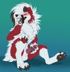  2018 4_toes 5_fingers anthro black_pawpads canid canine citrinelle claws digital_media_(artwork) fingers fur knot lycanroc male mammal masturbation midnight_lycanroc nintendo open_mouth pawpads penis pok&eacute;mon pok&eacute;mon_(species) red_fur simple_background solo teeth toes tongue video_games white_fur 