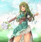  1girl :d bouquet character_request commentary_request engage_princess flower green_eyes green_hair jewelry long_hair looking_at_viewer nyoro_(nyoronyoro000) open_mouth petals rose smile solo tiara white_flower white_rose wind 