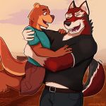  1:1 2019 canid canine canis chase_(echo) clothed clothing echo_(game) embrace eyes_closed fangs fur hi_res hug leo_(echo) lutrine male male/male mammal mustelid paws red_fur romantic_couple seachord smile tailwag tan_fur wolf 
