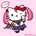  1girl adapted_turret artist_name badge blue_sailor_collar blue_skirt bow cat commentary_request cosplay dated full_body hair_bobbles hair_bow hair_ornament hello_kitty hello_kitty_(character) kantai_collection no_mouth one_eye_closed pink_background pink_hair pleated_skirt red_bow sailor_collar sazanami_(kantai_collection) sazanami_(kantai_collection)_(cosplay) school_uniform serafuku short_hair simple_background skirt solo tasogare_yanio twintails 