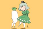  1girl arms_behind_back artist_name black_headwear breasts closed_eyes collared_dress daikon dated dress eyebrows_visible_through_hair ghost_tail green_dress green_hair hat long_sleeves multiple_tails onikobe_rin oversized_food oversized_object radish short_hair smile soga_no_tojiko tail tate_eboshi touhou yellow_background 