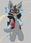  2019 anthro blue_fur bodily_fluids canid canine digital_media_(artwork) ditto female fluffy fur genital_fluids hi_res hybrid looking_at_viewer lucario mammal may_(kojondian) nintendo nude open_mouth peeing pok&eacute;mon pok&eacute;mon_(species) poochyena pussy raveneevee red_eyes simple_background smile solo teeth tongue tongue_out urine video_games watersports wetting young zoroark 