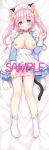  1girl :o animal_ears apron bangs blue_dress blue_eyes blush bobby_socks bow breasts breasts_outside cat_ears cat_girl cat_tail censored collarbone commentary_request dakimakura dress eyebrows_visible_through_hair full_body groin hair_between_eyes hair_bow hand_up head_tilt highres juliet_sleeves large_breasts long_hair long_sleeves looking_at_viewer lying maid maid_headdress no_shoes on_back original panties panty_pull parted_lips pink_hair pink_panties puffy_sleeves pulled_by_self sample socks solo tail twintails underwear usashiro_mani white_apron white_legwear yellow_bow 