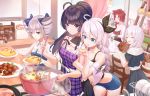  5girls absurdres ahoge bangs bare_shoulders black_hair black_shirt blue_bow blue_eyes bow braid breasts bronya_zaychik brown_eyes chair chicken_(food) cooking drill_hair eyebrows_visible_through_hair food grey_hair hair_bow hair_ornament happy highres honkai_(series) honkai_impact_3rd indoors ketchup kiana_kaslana large_breasts long_braid long_hari multiple_girls munseonghwa murata_himeko plate purple_eyes raiden_mei red_hair red_ribbon ribbon shirt short_shorts shorts single_braid sleeveless small_breasts table theresa_apocalypse toast tongue tongue_out white_hair 