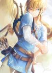  1boy arrow belt blonde_hair blue_eyes blue_shirt blurry blurry_background bow_(weapon) brown_belt commentary_request earrings gomzi horse jewelry link long_hair long_sleeves male_focus master_sword messy_hair one_eye_closed pointy_ears shirt solo standing sword the_legend_of_zelda the_legend_of_zelda:_breath_of_the_wild weapon wet 