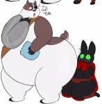  2019 anthro badger badgerclops belly big_butt black_fur black_nose blush butt domestic_cat duo english_text eye_patch eyewear felid feline felis fur male mammal mao_mao mao_mao_heroes_of_pure_heart megacoolbear_(artist) mustelid musteline overweight overweight_male simple_background text white_background white_fur 