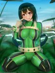  1girl asui_tsuyu black_eyes black_sclera bodysuit boku_no_hero_academia breasts closed_mouth covered_navel easonx frog_girl green_bodysuit hair_rings highres large_breasts long_hair looking_at_viewer low-tied_long_hair multicolored multicolored_clothes outdoors shiny shiny_clothes shiny_hair shiny_skin skin_tight smile solo spread_legs squatting water wet 